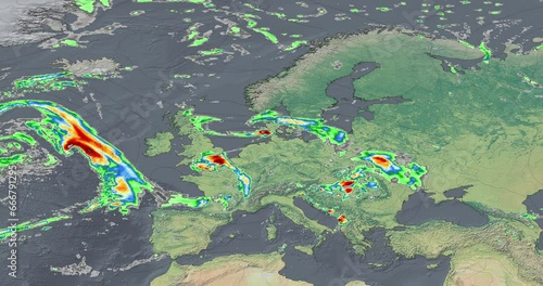 The weather map recreates intense rainfall over Europe, the storms show the progress of rain patterns in the region. photo