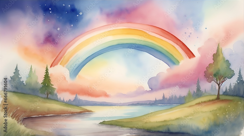 watercolor fantasy sky rainbow. Fairy skies rainbows colors, magic landscape and dream sky background illustration