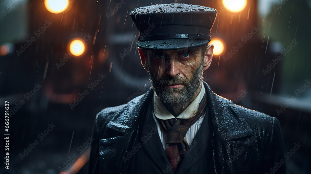 Portrait of a train conductor in a cinematic setting looking at the camera. Train driver on a rainy day completely soaked. - obrazy, fototapety, plakaty 