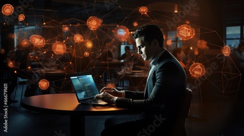 businessman in an modern office with luminous network illustrations. 