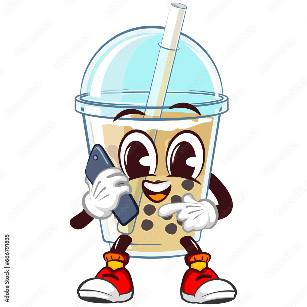 character mascot of a glass of boba ice with a funny face communicating by smartphone, isolated cartoon vector illustration. emoticon, cute glass of iced boba mascot character mascot of a glass of boba ice with a funny face communicating by smartphone, isolated cartoon vector illustration. emoticon, cute glass of iced boba mascot