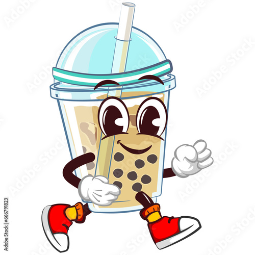 character mascot of a glass of iced boba with a funny face jogging casually using a headrest, isolated cartoon vector illustration. emoticon, cute glass of iced boba mascot