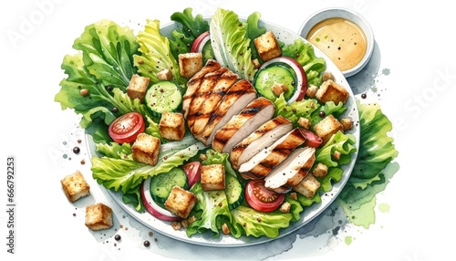 Fresh Caesar salad with crispy lettuce, croutons, and grilled chicken, brought to life with subtle watercolor hues.