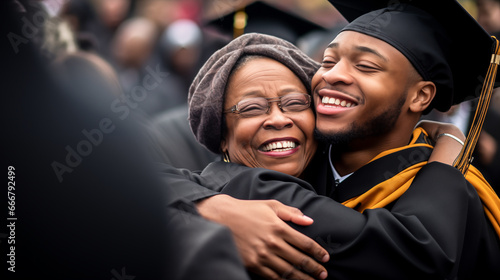 African American Mother Congratulates and Hugs Her Newly Graduated Son photo