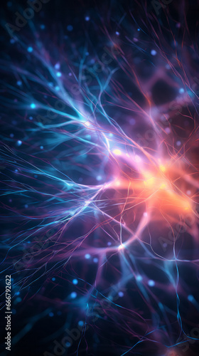 This abstract 3D illustration showcases the colorful biochemical process of nerve impulses