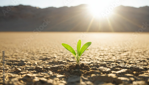 A wide view of a young plant in the morning sunlight, thriving in the cracked, dry desert