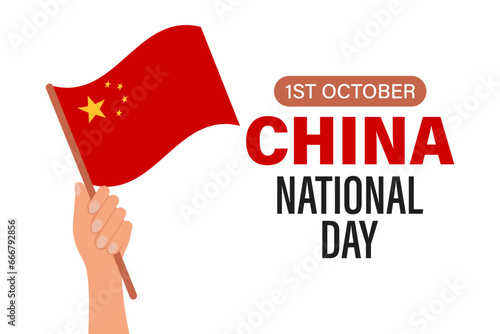 Chinese Independence Day. Hand with Chinese flag. Asia, October. Cartoon illustration, banner, poster, vector
