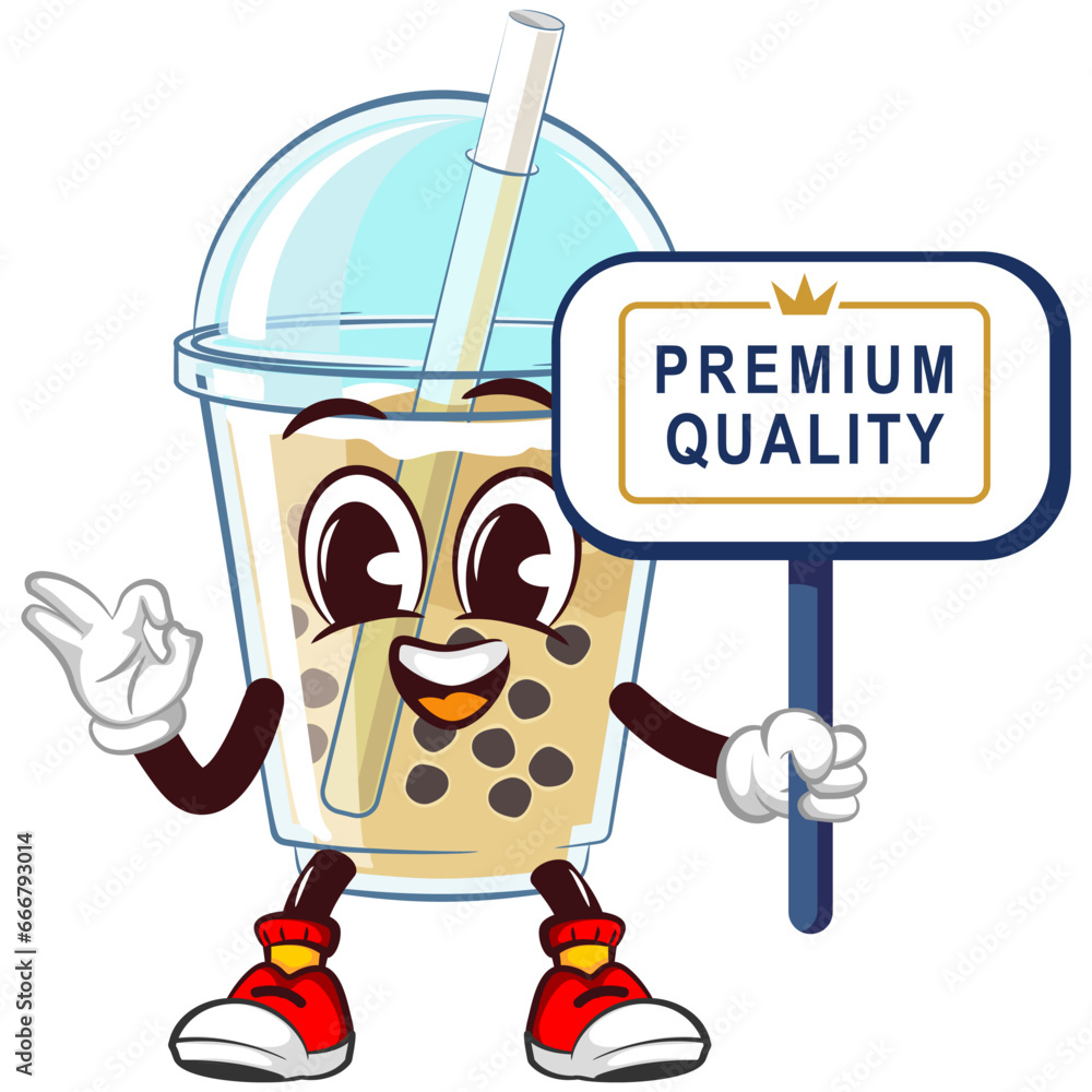 mascot character of a glass of iced boba with a funny face giving an okay sign and holding up a sign that says premium quality, isolated cartoon vector illustration. emoticon