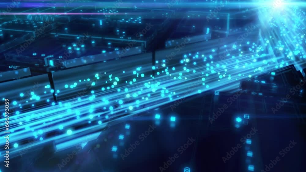 Quantum particles moving inside neural engine of the artificial intelligence between electronic microchips. Processors keeps all of information from global network for machine learning process.