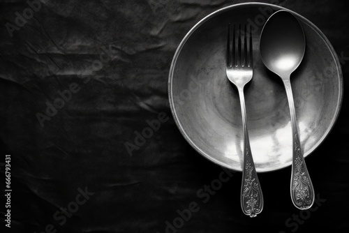 Fork, spoon and plate on a black tablecloth, top view