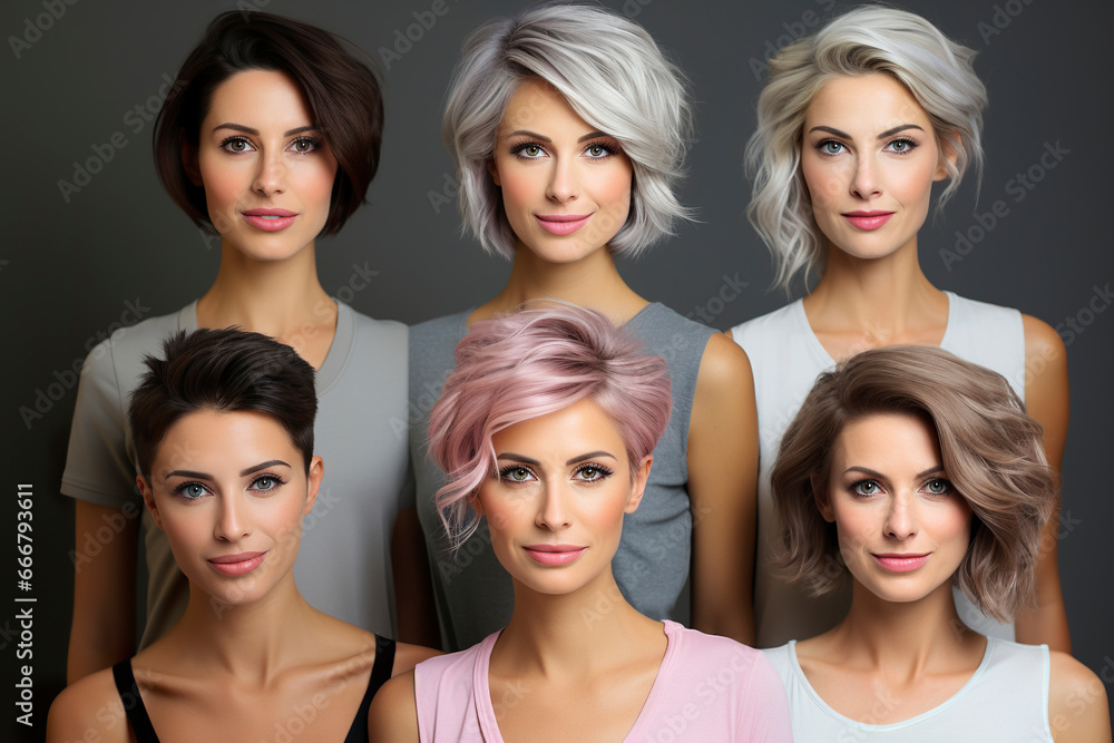 Fototapeta premium Collage of various stylish hairstyles for short haircuts for Caucasian women.