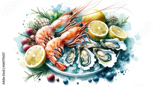 Fresh seafood platter with prawns, oysters, and lemon wedges, highlighted by cool watercolor shades.