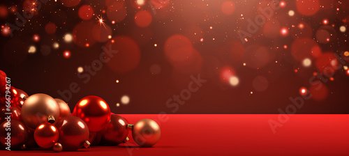 Christmas shine sparkle red background with xmas decoration, horizontal banner blur effect