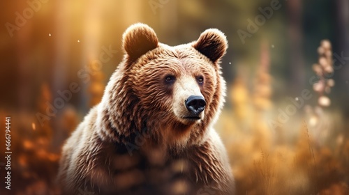 Big male brown bear animal in the forest on blur background. AI generated image