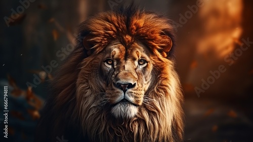 Wild lion animal in blurred nature background. AI generated image © prastiwi