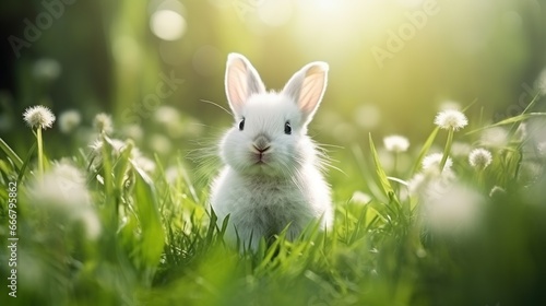 Beautiful white fluffy rabbit in green grass blurred background. AI generated image