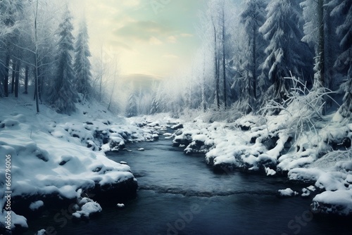 icy river, snowy landscape. Generative AI