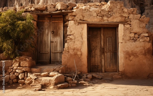 Old ancient textured door in a stone wall in Greece