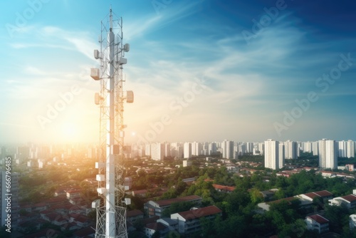 Telecommunication tower with 5G cellular network antenna