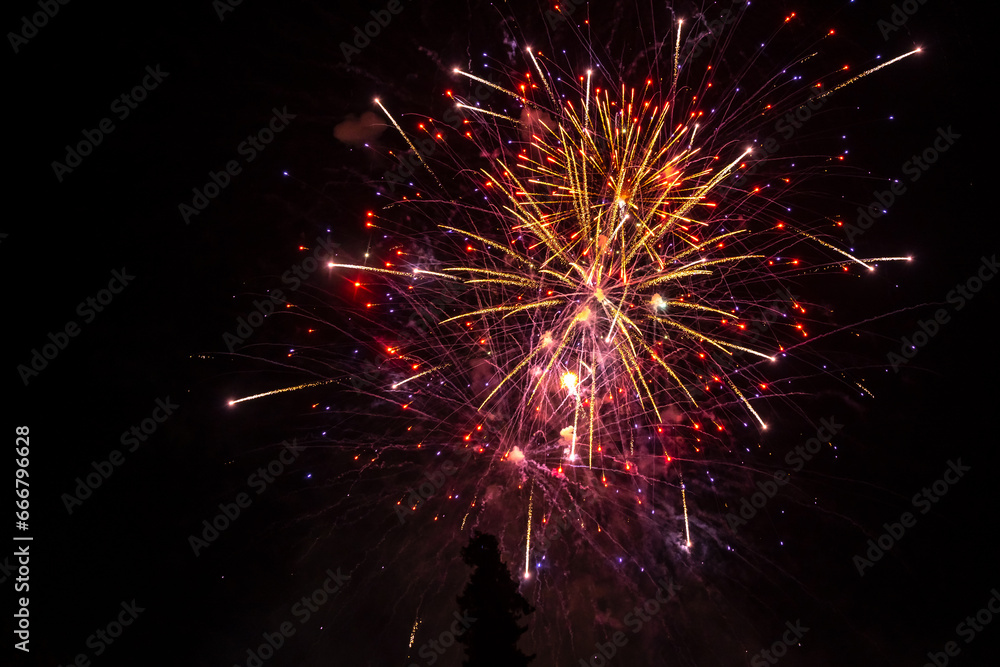 Holiday fireworks explode in the night sky. 4th of July celebration. Selective focus. Holiday fireworks explode in the night sky. 4th of July celebration. Selective focus.