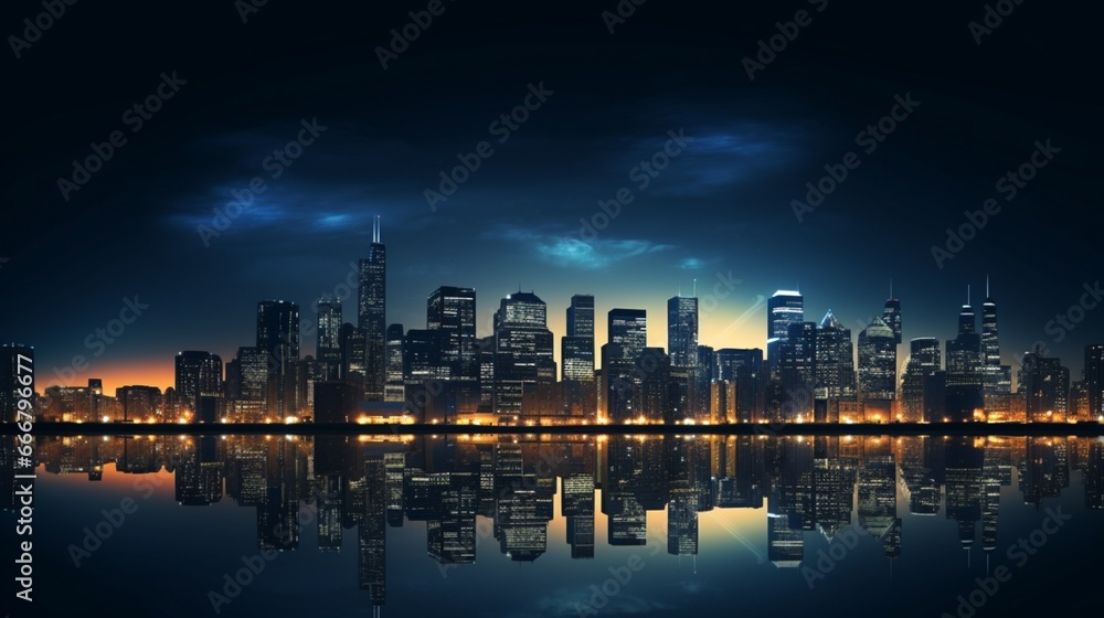 : City skyline backdrop with skyscraper silhouettes, city lights, and modern urban decor.