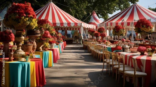 : Carnival-inspired event with colorful tents, popcorn stands, and vibrant striped decor.