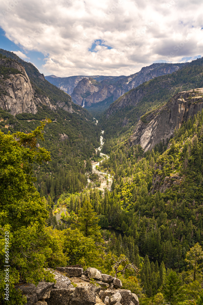 View of Yosemite Valley and Bridalveil Falls.
