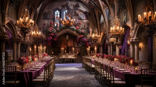: Fairytale castle decor with regal colors, medieval accents, and ornate chandeliers.