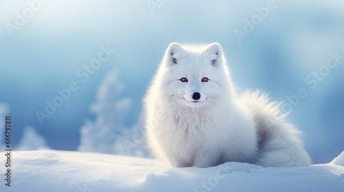 Arctic white fox in winter blurred background. AI generated image