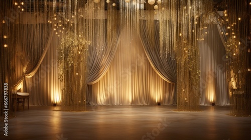 Luxurious gold and silver-themed backdrop with shimmering curtains for a glamorous event. photo