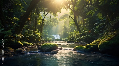 amazon rainforest with tropical vegetation, a creek runs through a mysterious jungle, a mountain stream in a lush green valley