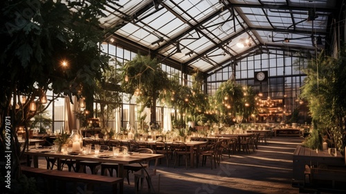 : Industrial greenhouse event with hanging plants, metal structures, and Edison bulb lighting.