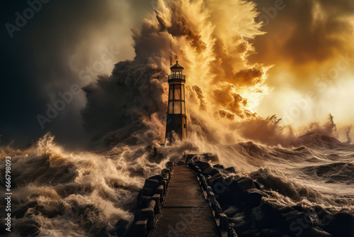 gale in the lighthouse in the middle of the ocean, xtreme weather caused by climate change. different types of weather