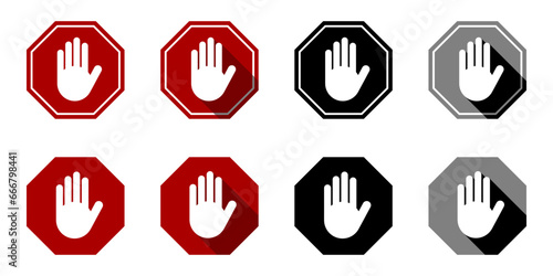 Red Gray Black Monochrome Stop Hand Block Octagon Sign or Adblock or Do Not Enter or Forbidden Icon Set with 3D Shadow Effect. Vector Image.