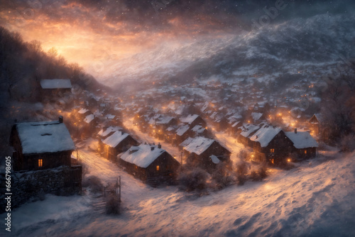 a small village against the background of hard nature in winter  blizzard  old wooden huts  dramatic sky and snowy mountains  beautiful landscape