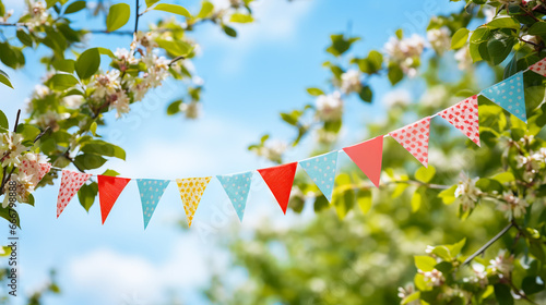 string of colorful pennant against blue sky in the garden as a summer party decoration