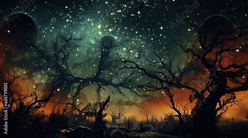 Picture of a dark forest with fireflies. Space nebula and planets above the forest.