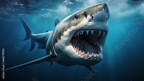 View of a ferocious shark underwater on the ocean floor