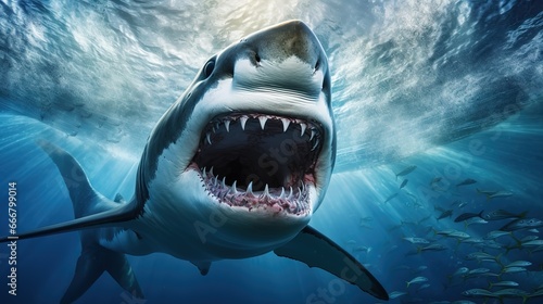 View of a ferocious shark underwater on the ocean floor © DZMITRY