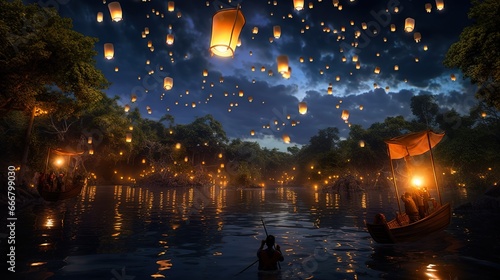 Chinese sky lanterns on holiday. People make wishes. Lantern Festival