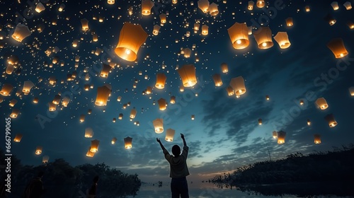 Chinese sky lanterns on holiday. People make wishes. Lantern Festival