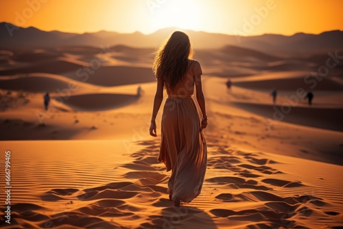 Beautiful young woman in white dress walking in the desert at sunset. Arabian woman in the desert. Travel Concept. Background with a copy space.