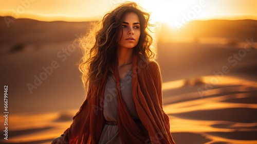 Portrait of a beautiful woman in the desert at sunset. Beauty, fashion. Arabian woman in the desert. Travel Concept. Background with a copy space.