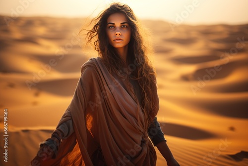 Fashionable young woman in the desert at sunset. Boho style. Arabian woman in the desert. Travel Concept. Background with a copy space.