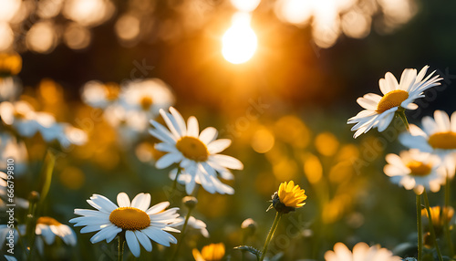 realistically idyllic daisy bloom in the spring  summer  and fall with a morning or evening yellow sun ray. white flowers in the sun.
