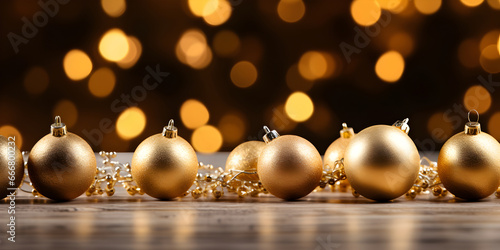 Christmas sparkling gold balls with blurred lights background. Festive banner mockup with creative baubles decoration and copy space.