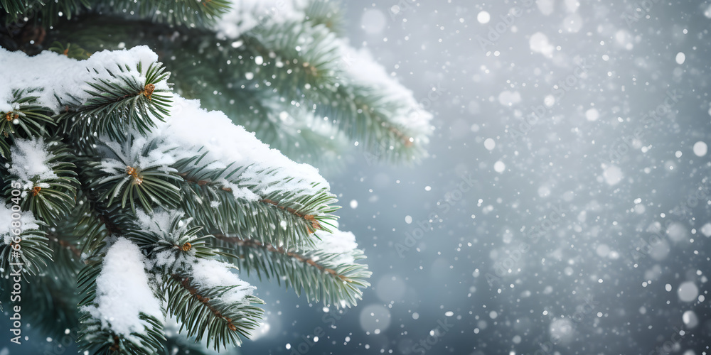 Close up background of fir tree branches with snow. Christmas or winter banner with copy space.