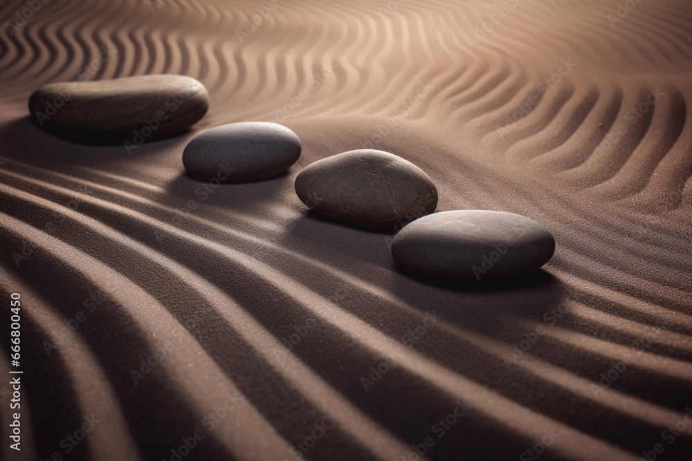 Zen Stones with Elegant Lines on Sand: Spa Therapy Symbolizing Purity, Harmony, and Balance. Generative Ai.
