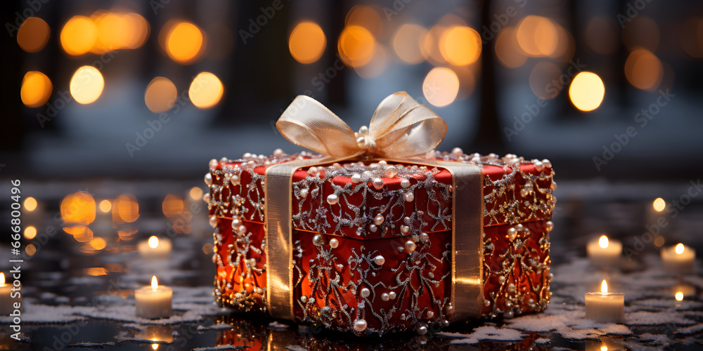 Christmas red gift box with decoration on blurred glowing lights background. Festive banner styled composition. Christmas red gift box with decoration on blurred glowing lights background. Festive banner styled composition.