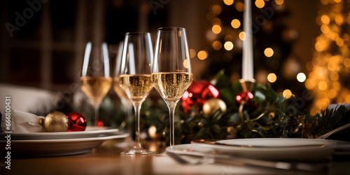 Champagne glasses on festive table with gold glowing bokeh background. Celebration background banner with sparkling wine.